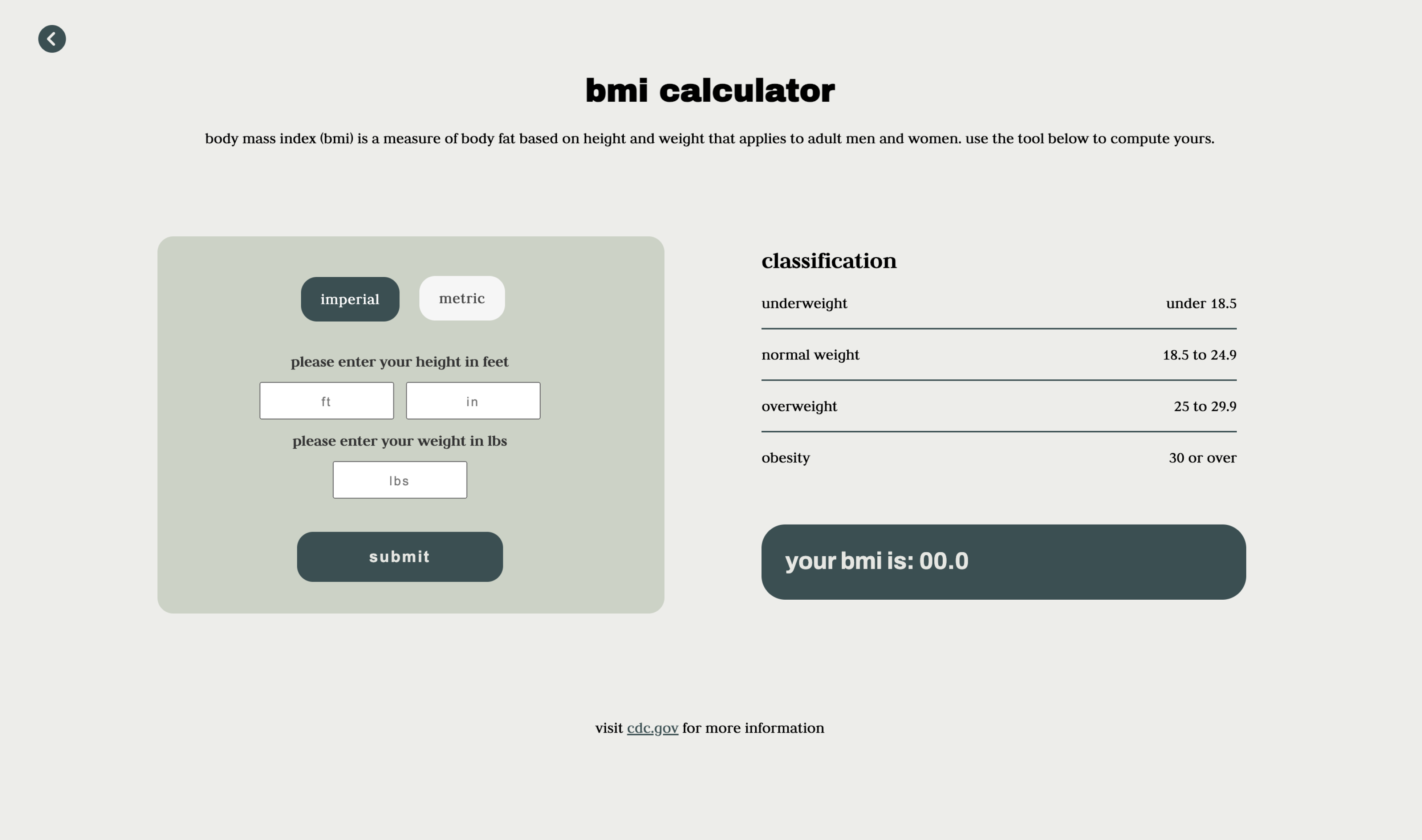 bmi calculator web page