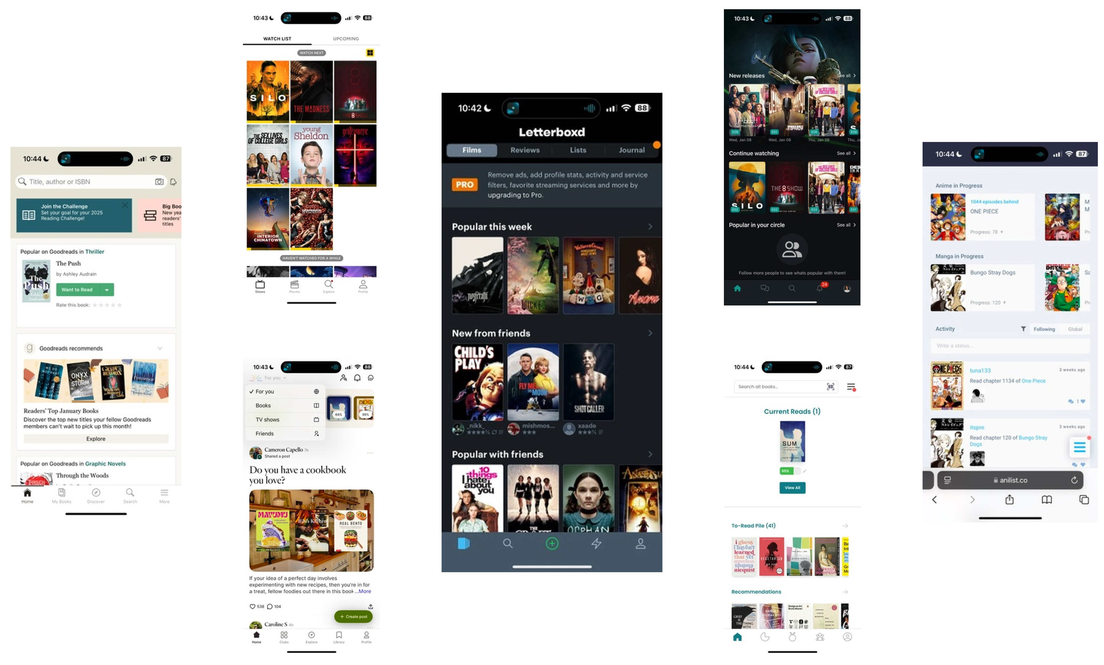 Collage of screenshots of several social tracking apps