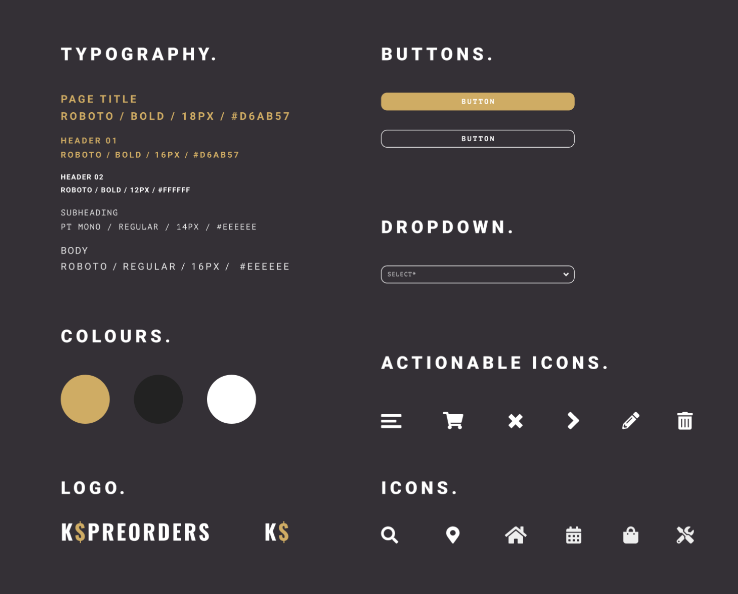 Style guide for K$Merch: Roboto and PT Mono; yellow, black, and white.